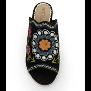 [8.5]Sam Edelman Suede Open Toe Mules Black Embroidered Bohemian High Block Heel